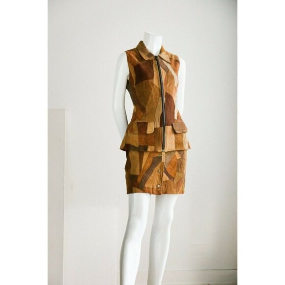 Vintage 90s Buttery Soft Brown Suede Patchwork 2  piece skirt and vest S… - Picture 2 of 12